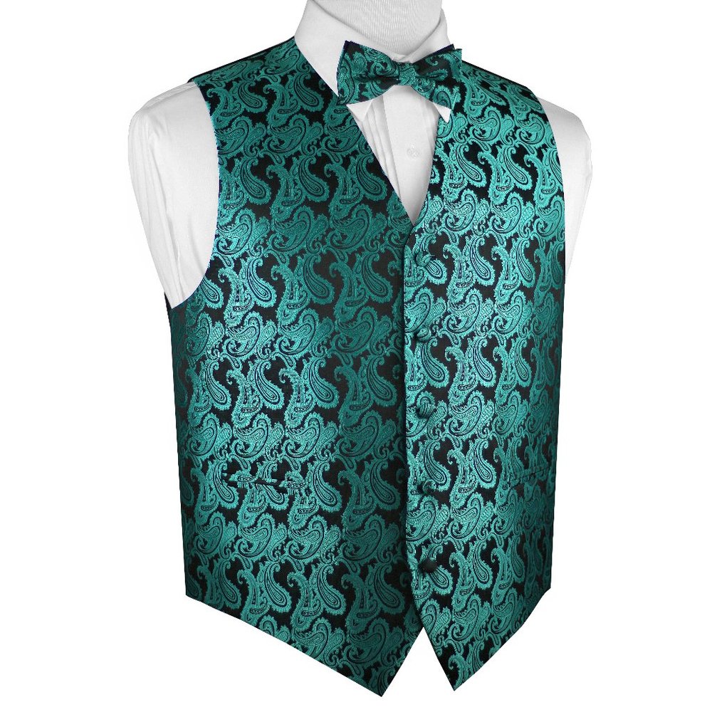Men's Formal Wedding Prom Homecoming Tuxedo Vest Bow-Tie Hankie - Jade Paisley